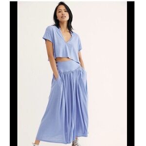 Free People Solid Light Blue Darcy Flowy High Waist Skirt + Top Set Size Large